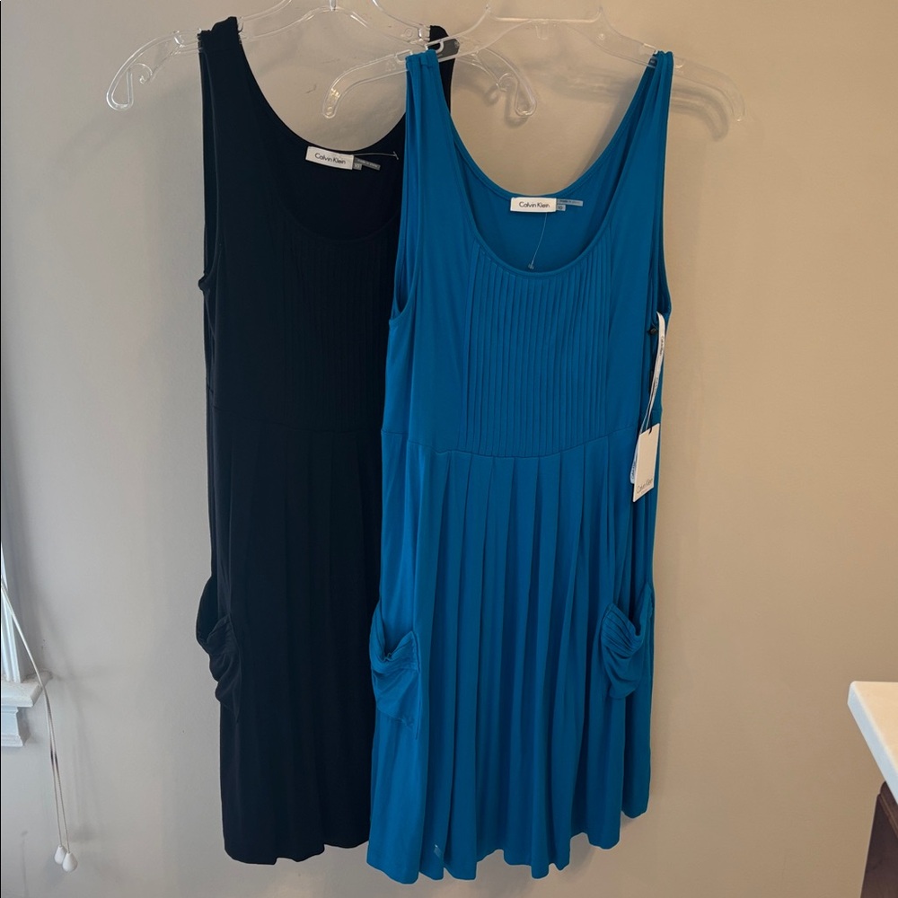 Calvin Klein NWT Duo of Blue-Turquoise & Black Sleeveless Pleated Midi Dresses